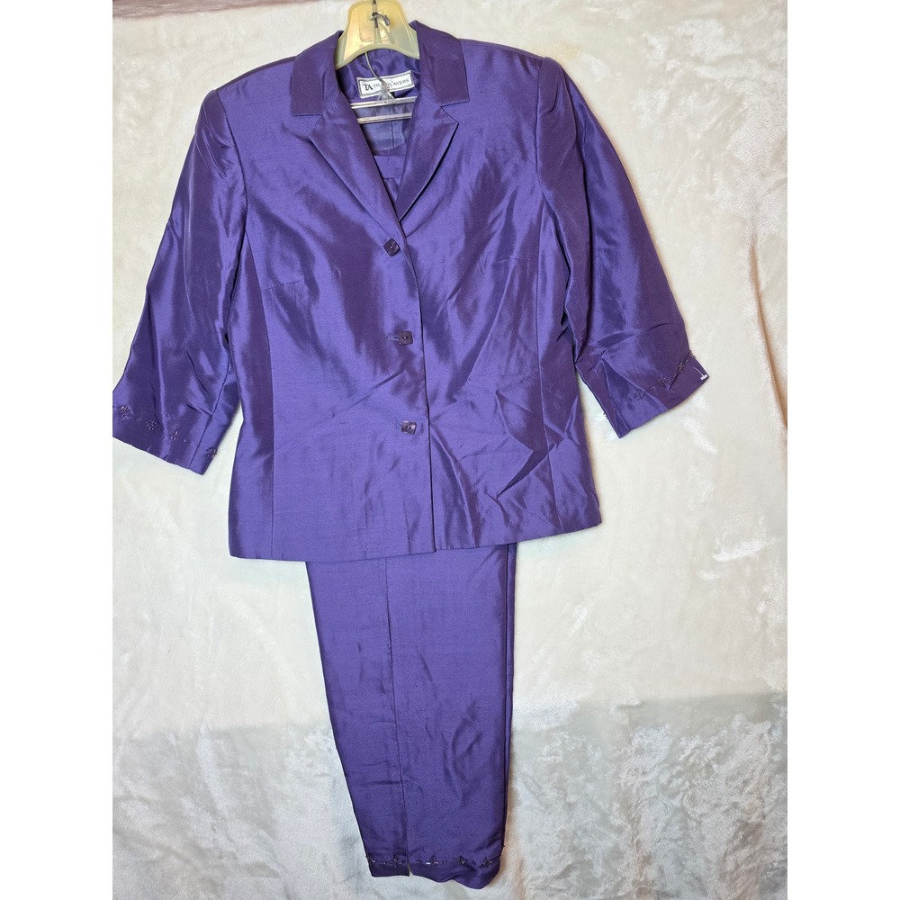 Travis Ayers Petite Purple 100% Silk 2 Piece Pant Suit‎ Beaded Accents Size 8P